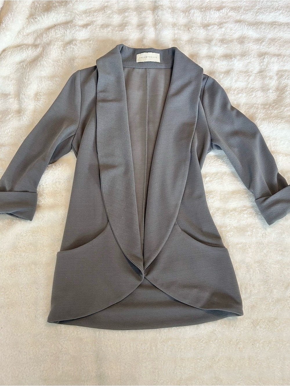 French Mauve Small Gray Open Front Blazer Draped Shawl Collar Stretch Jacket